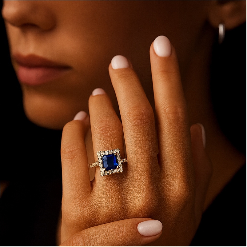 Anillo de Oro Amarillo con Zafiro y Diamantes puesto