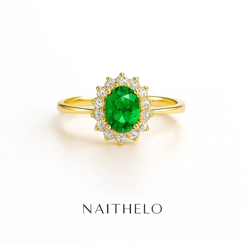 Anillo de Oro Amarillo con Esmeralda y Diamantes