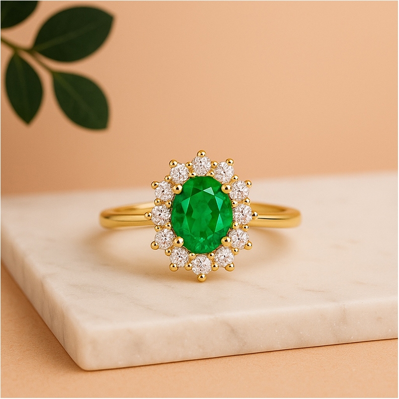 Anillo de Oro Amarillo con Esmeralda y Diamantes