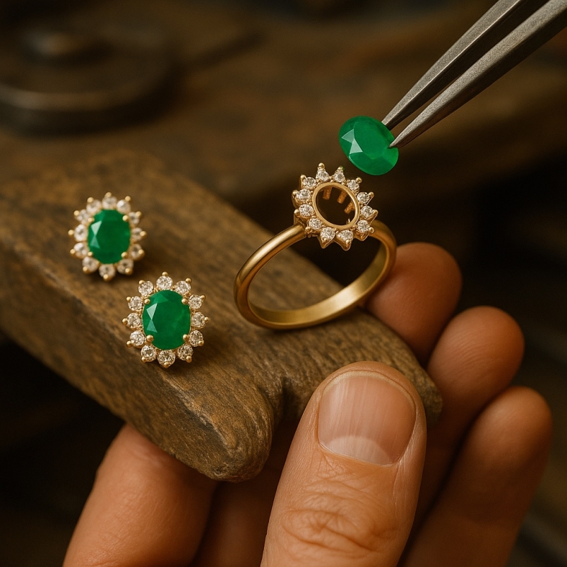 Anillo de Oro Amarillo con Esmeralda y Diamantes