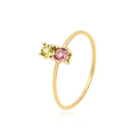 Anillo Doble Garra con Topacio Rosa y Peridot en Oro Amarillo de 18 KT