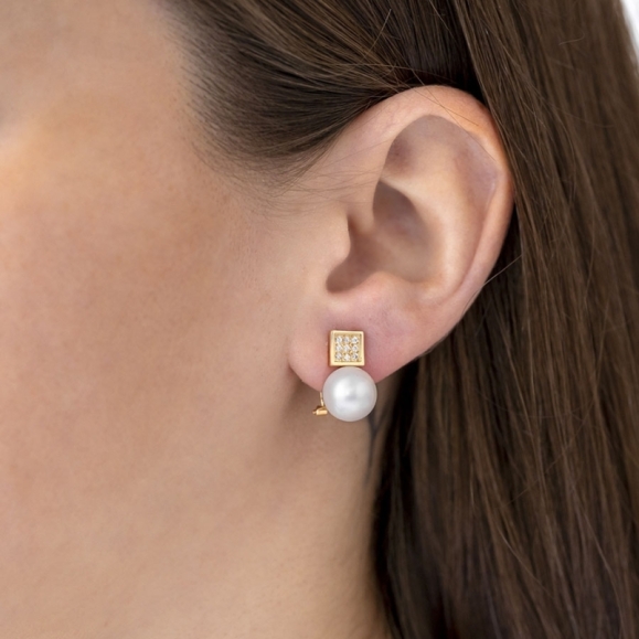 Pendientes de Oro Amarillo con Circonitas Perla Cultivada y cierre Omega 2