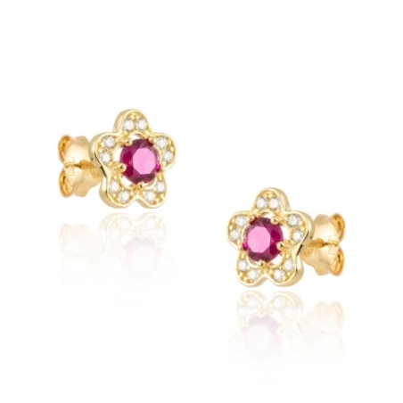 Pendientes en Forma de Flor con Rubí Natural y Topacios Blancos